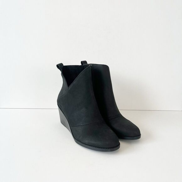 Toms Sutton Wedge Ankle Boot Black Leather Booties Pull On Women’s Size 7 - Picture 3 of 10